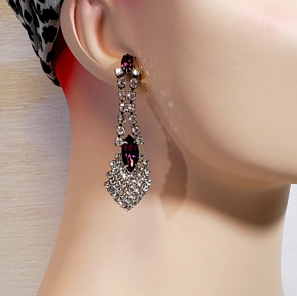 Vintage 90's amethyst rhinestone earrings - Picture 2 of 4